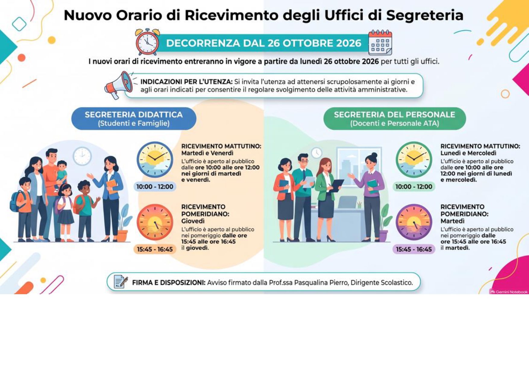 Nuovo orario di ricevimento degli Uffici di Segreteria